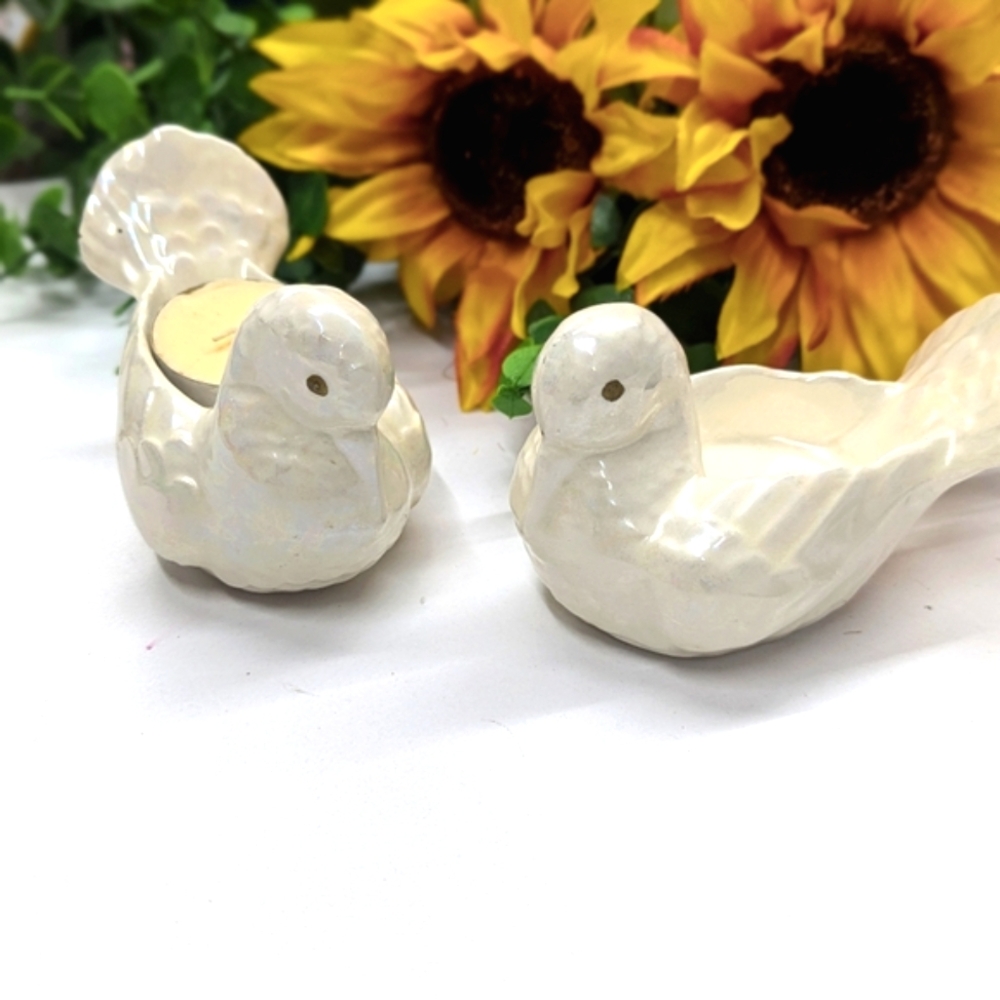 V I N T A G E:: White Translucent Turtle Dove Candle holders 2pc